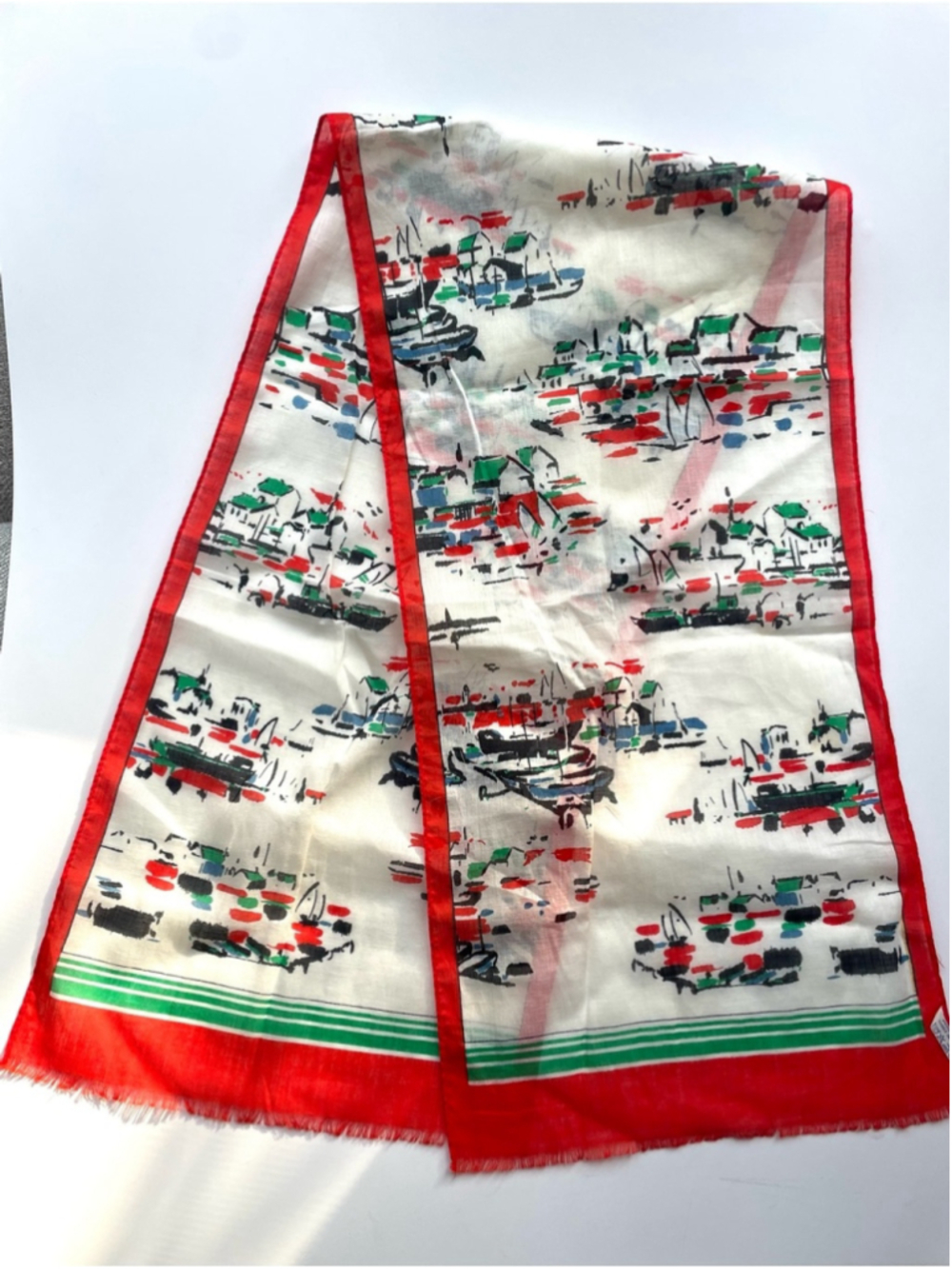 Vintage Harbor Print Lightweight Scarf Red Trim Coastal Chic